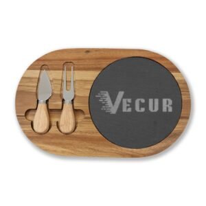 Vecur Engraved Acacia Charcuterie Board with Slate Insert & Cheese Knives